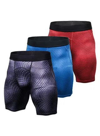 3-Piece Fitness Compression Sports Shorts Set Grey/Blue/Red 