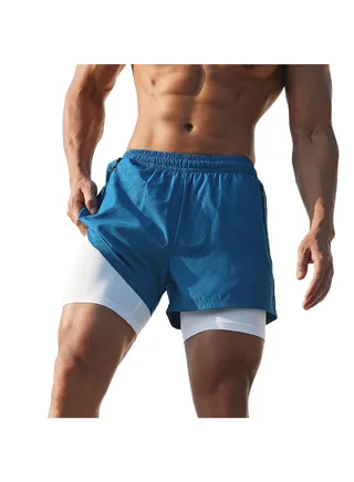 2-In-1 Pockets Compression Liner Sports Shorts Blue 