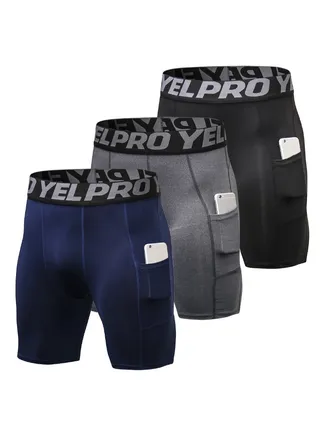 3-Piece Compression Side Pocket Workout Shorts Set Ink Black/Grey/Dark Blue 