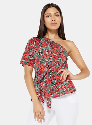 One-Shoulder Floral Print Blouse Red 