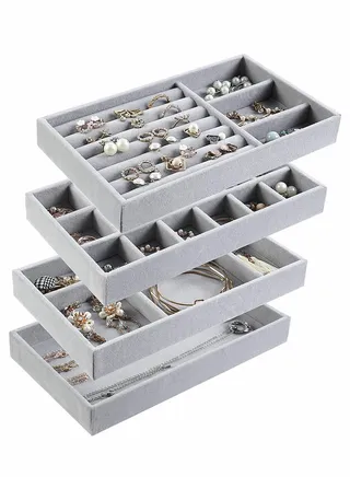 Set of 4 Stackable Jewelry Organizer Trays for Drawers Display Case Storage Container Earring Necklace Rings Bracelet with Removable Dividers 