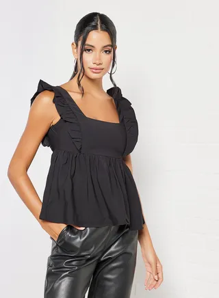 Open Back Ruffled Blouse Black 