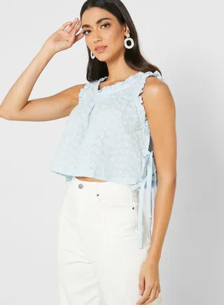 Frill Sleeve Broiderie Drawstring Top 