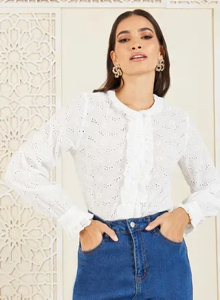 Schiffli Ruffle Detail Button Up Blouse 
