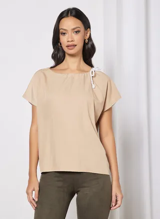 Women's Solid Design Casual Short Sleeve Top Beige 