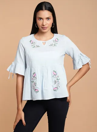 Floral Embroidered Ruffle Top Sky Blue 