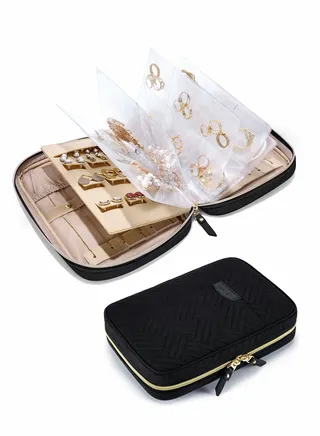Travel Jewelry Organizer Case Storage Bag Clear Booklet Zipper Pouch for Necklace, Earrings, Rings, Bracelet, Soft Black 