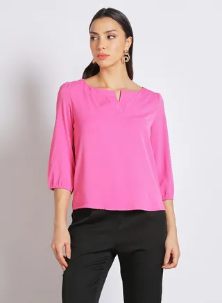 Women's Round Neck Three Quarter Sleeves Blouse Rose 