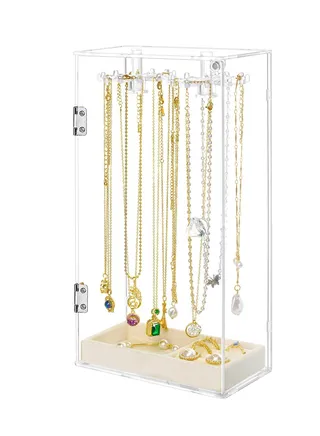 Dustproof Acrylic Necklace Holder Organizer Stand with 24 Hooks and Removable Velvet Tray, Clear Jewelry Storage Display Box for Necklaces, Pendants, Bracelets, Earrings, and Rings 