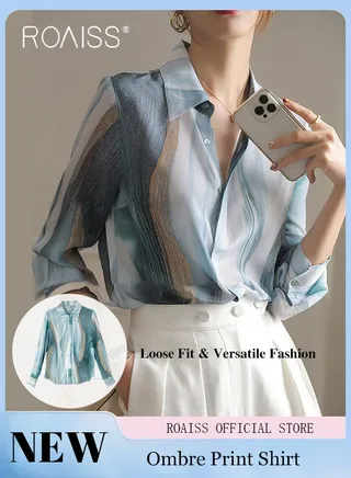 Women Printed Shirt Loose Fit with Gradient Color Design Fashionable and Versatile Women Stand Collar Business Casual Shirt 