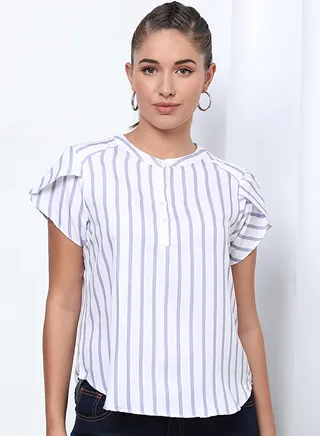 Striped Pattern Round Neck Blouse Top WHITE STRIPE 