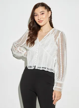 2Xtremz Long Sleeves Lace Top with Button Front and V-neck 