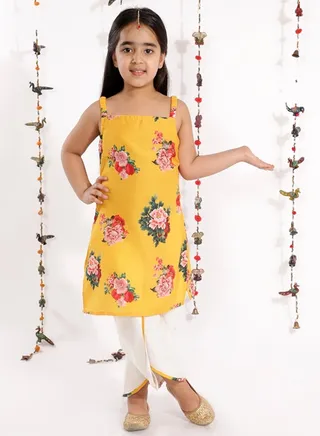 Girls Floral Printed Cotton Silk Kurta And Tulip Pants 
