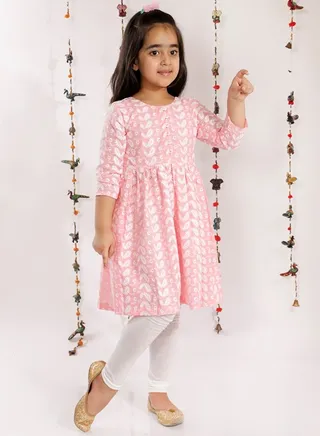 Girls Chikankari Cotton Kurta And Leggings Set 