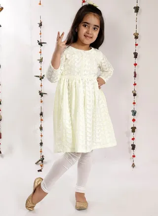 Girls Chikankari Cotton Kurta And Leggings Set 