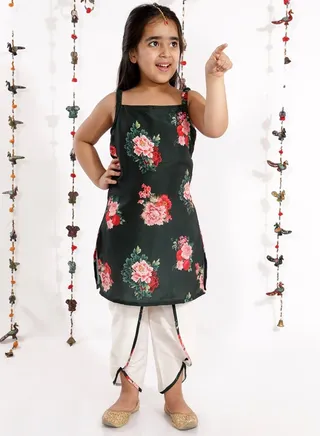 Girls Floral Printed Cotton Silk Kurta And Tulip Pants 