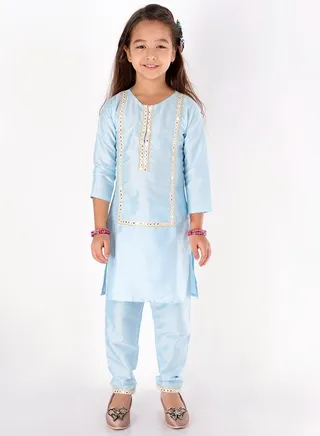 Girls Mirror Work Viscose Kurta And Pant Set 