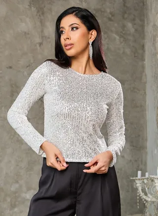 All Over Sequin Detail Round Neck Blouse 