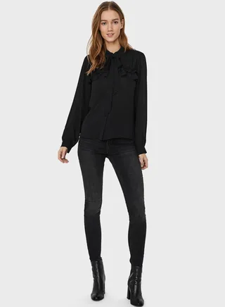 Tie Neck Ruffle Detail Top 