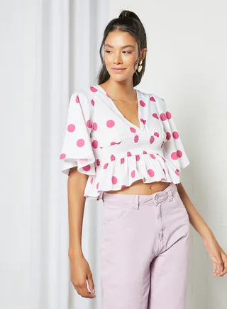 Polka Dot Print Crop Top White 