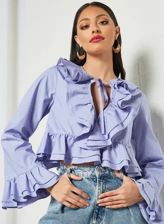 Layered Ruffle Trim Crop Top Purple 
