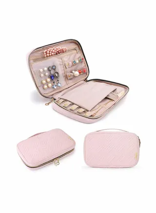 Jewelry Organizer Case Travel Jewelry Storage Bag for Necklace, Earrings, Rings, Bracelet, Soft Pink 