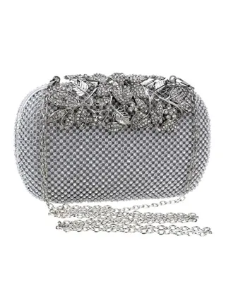 Crystal Studded Floral Clutch Grey/Clear 