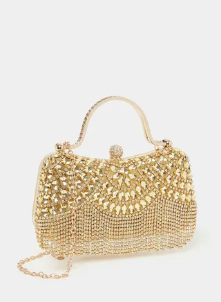 Embellished Faux Crystal Rhinestone Tassel Handbag