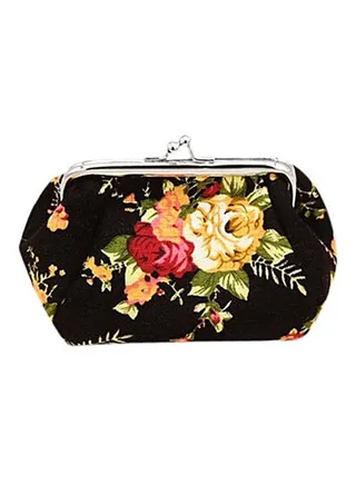 Flower Printed Coin Holder Clutch Black 