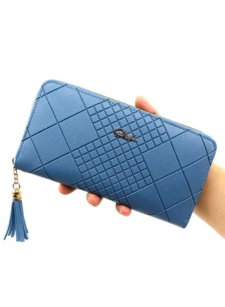 Casual Rhomboid Impression Large Capacity Ladies PU Leather Clutch for Women Long Wallet Zipper Phone Money Bag Card Holder with Strap and Pendant 19.5*10*2.5cm 