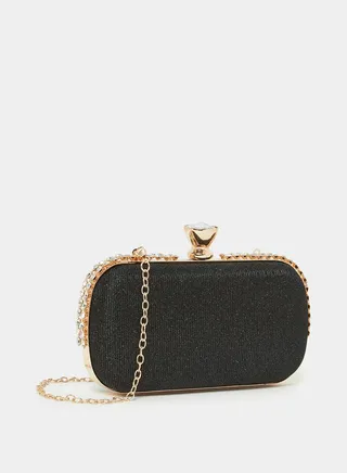 Embellished Clutch Bag with Chain Accent