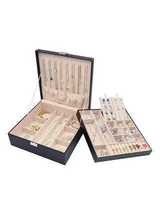 Jewelry Box for Women Girls Girlfriend Wife Ideal Gift Large Leather Jewelry Organizer Storage Case with Two Layers Display for Earrings Bracelets Rings Watches Black 