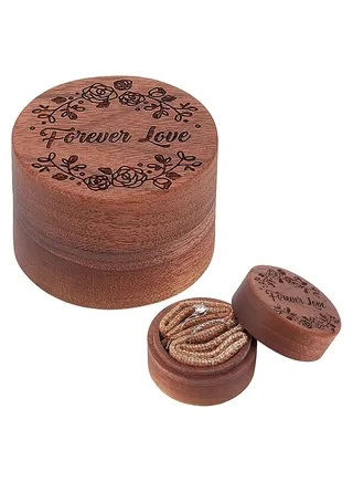 Walnut Wedding Ring Box, Wooden Engraved Round Ring Box, Rustic Ring Box for Anniversary Valentines Wedding 