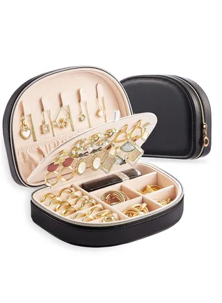 Travel Jewelry Box, Small Portable Seashell-Shaped Jewelry Case, 2 Layer Mini Organizer in PU Leather, Earring Necklace Bracelet Ring Holder for Women and Girls, Black 