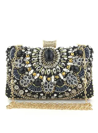 Stone Studded Party Clutch Black Gold Size 19.5X6X12cm 