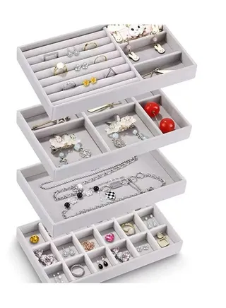 Set of 4 Stackable Jewelry Organizer Trays for Drawers Display Case Storage Container Earring Necklace Rings Bracelet with Removable Dividers 