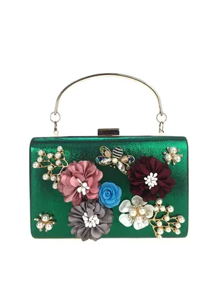 Flower Imitated Pearl Detailing Bead Evening Party Clutch Green 