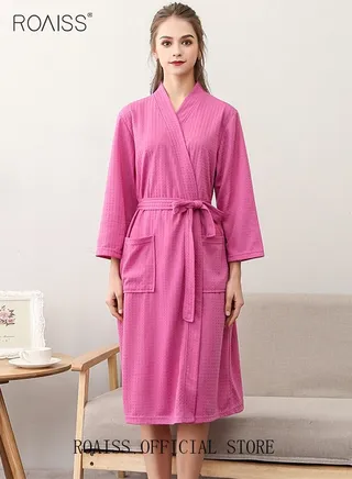 Women Waffle Kimono Bathrobe Cotton Sleepwear Spa Robe Nightwear Nightgown Women Water Bathrobe Bridesmaid Robes Dressing Gown Autumn Robe Rose Red 