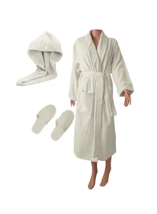 A bathing set consisting of an XL robe with a hair wrap and a slipper, made of the finest types of cotton 