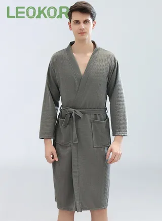 Man Bathrobe Waffle Weave Lightweight Kimono Spa Bathrobe Grey L (60-80Kg) 