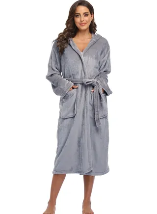 Women's Plush Hooded Bathrobe Winter Warm Robes Soft Fleece Long Robe Luxury Dressing Gown 