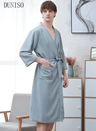 Men Waffle Kimono Bathrobe Sleepwear Spa Robe Nightwear Nightgown Water Bathrobe Robes Dressing Gown Autumn Robe 