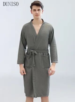 Men Waffle Kimono Bathrobe Sleepwear Spa Robe Nightwear Nightgown Water Bathrobe Robes Dressing Gown Autumn Robe 