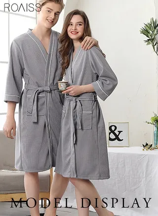 Cozy Couple'S Waffle Bathrobe Men'S And Women'S Side Utility Pockets Waistband Cinch Loungewear 