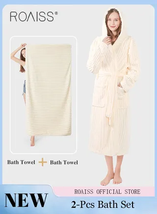 2 Piece Bath Set for Women and Men Thicken Absorbent Bathrobe and Bath Towel in Striped Pattern Coral Fleece Sleepwear Autumn Winter Ladies Lightweight Soft Non Shedding Robe with Hood 