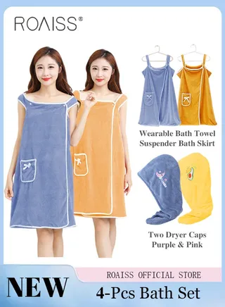4-Piece Bath Set for Women 2 Coral Fleece Bath Towel Wrap Dress with Shoulder Straps and 2 Super Absorption Towel Hat Hair Drying Cap Sets Various Colors Available 