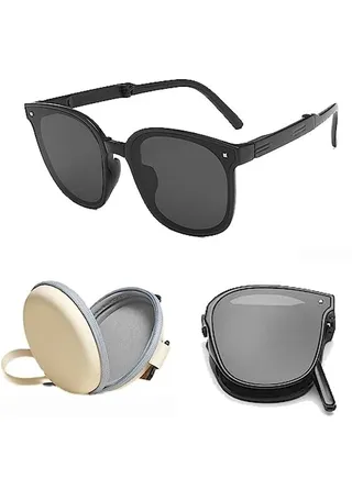 Foldable Sunglasses with Bag Women and Men, Square Folding Easy Carry Foldable Shades UV400 Protection Lens, Sun Protection Sunglasses Suitable for Summer Outdoor Beach Travel Camping, Black 