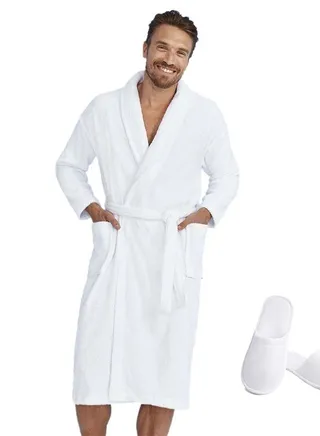 Soft cotton double bath robe with pocket and waist belt with a distinctive slipper with an elegant design plain white multi sizes 