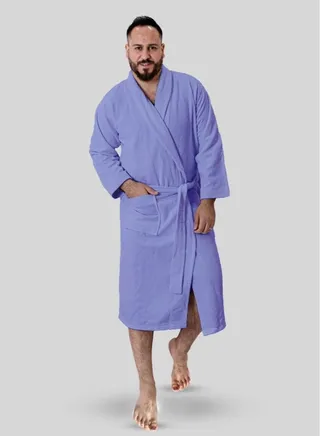 Men's soft cotton bathrobe with pocket and distinctive waist belt elegant design light blue color multi sizes 