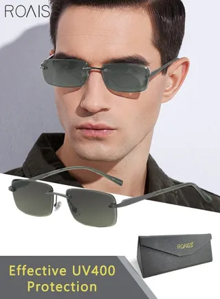 Men's Rectangular Rimless Sunglasses, UV400 Protection Sun Glasses, Fashion Anti-Glare Sun Shades for Men Driving, Fishing, Traveling, Gun Color, 57mm 